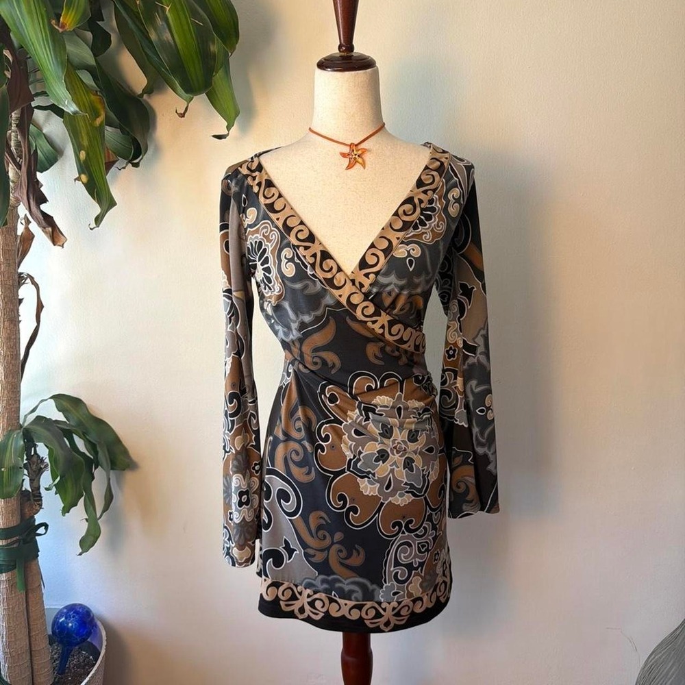 Hale Bob Brown Grey Paisley Bell Sleeve Wrap Mini Dress XS Whimsygoth Boho